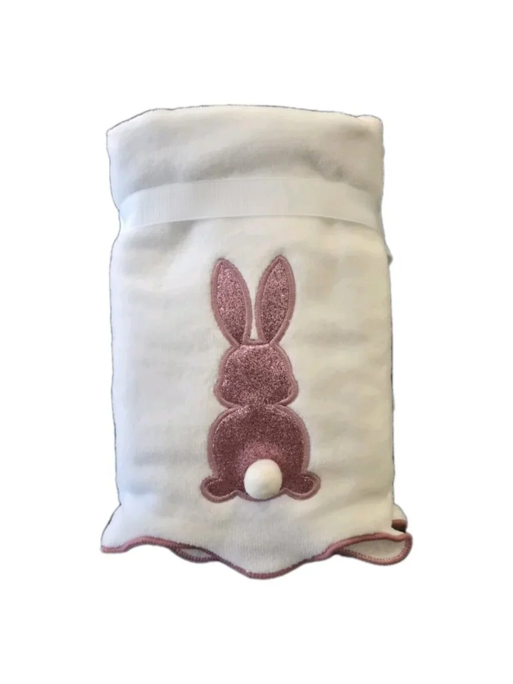 Set Of 2 White Easter Bunny Pink Glitter Bunny Tail Bathroom Hand Towels